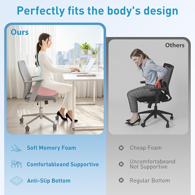 BlissTrends Extra Thick Seat Cushion for Office Chair & Car Seat, Pink | Tailbone & Sciatica Relief, Ergonomic Support, High-Density Memory Foam, Comfort for Extended Sitting