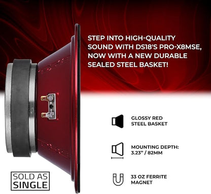 DS18 PRO-X8MSE Loudspeaker - 8", Midrange, Sealed Basket, 550W Max, 275W RMS, 8 Ohms - Premium Quality Audio Door Speakers for Car or Truck Stereo Sound System (1 Speaker)