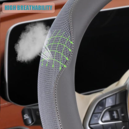 Nappa Leather Steering Wheel Cover, Advanced Microfiber Leather Non-Slip Breathable Fabric, Warm in Winter and Cool in Summer, Gray Large 15.5 inch to 16 inch