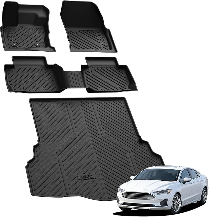 LASFIT Floor Mats and Cargo Mats for Ford Fusion 2017-2020 (Only Fit Gasoline), All Weather Custom Fit TPE Floor Liners for Fusion 2020 2019 2018 2017 Front & Rear Full Set Car Mats, Black