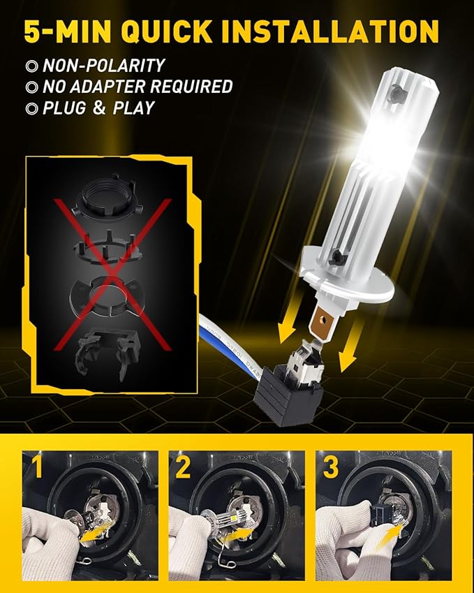 AUXITO H1 LED Bulb, 600% Brighter, 1:1 Mini Size No Adapter Needed, 5 Min Quick Install, No Flicker, 99% Compatibility, Pack of 2