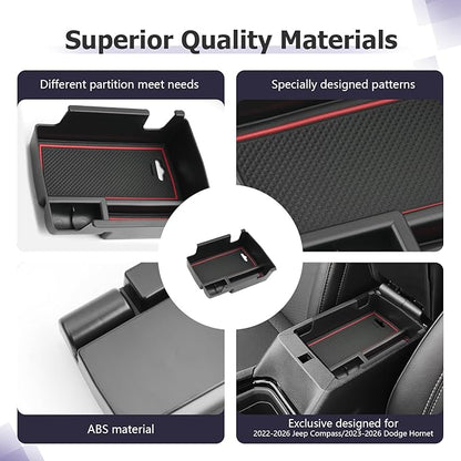 LUWU Center Console Organizer Compatible with Jeep Compass 2021-2026/Dodge Hornet 2023-2026 Accessories Armrest Console Storage Box Insert Tray ABS Material Coin Container Red