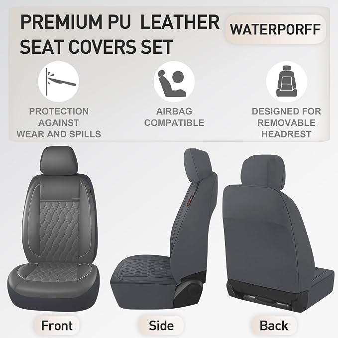 CAROMOP Faux Leather Car Seat Covers Full Set,Luxury and Comfortable Covers for Cars,Split Bench Compatible Car Interior Covers,Universal Fit for Suvs,Vans,Trucks,Airbag Compatible(5-Seat Grey)