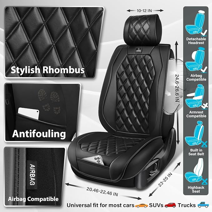 CAR PASS Luxury Nappa Leather Car Seat Covers Full Set, 3D Rhombus Waterproof Premium Leather Seat Covers, Universal Automotive Seat Cushion Fit for Sedan SUV Truck Van, Airbag Compatible Solid Black