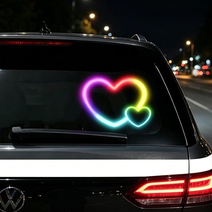 Rechargeable Solar-Powered Wireless Double-Heart LED Light for Car Interior Decorations, with 6 Lighting Modes and Vibration Sensor, Romantic Ambient Gift for Couples/Women/Men, Clorful, 1 Pcs