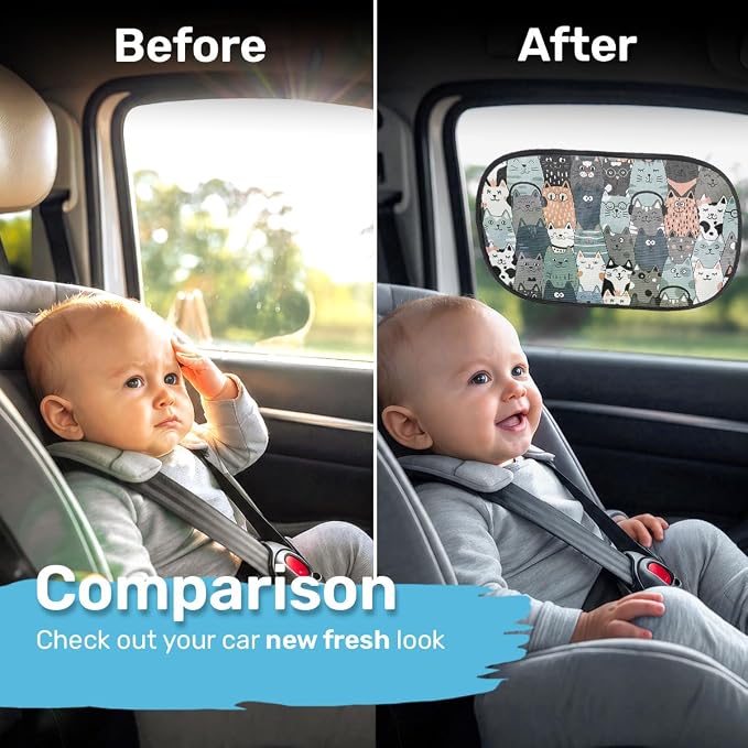 GENANY 2pcs Cat Window Sun Shade for Sedan SUV Truck (21x14 Inches), Sun Shades for Side Window, Accessories for Kids, Baby Window Shades, Summer Car Decor