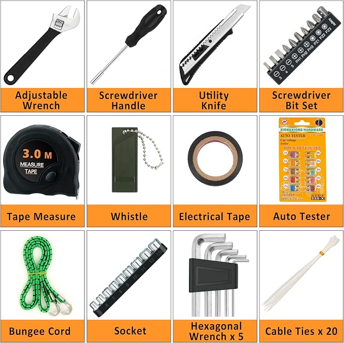 98 PCS Roadside Car Emergency Assistance Kit with Portable Air Compressor Jumper Cables Safety Hammer All in One Pliers Tool Set（Black）
