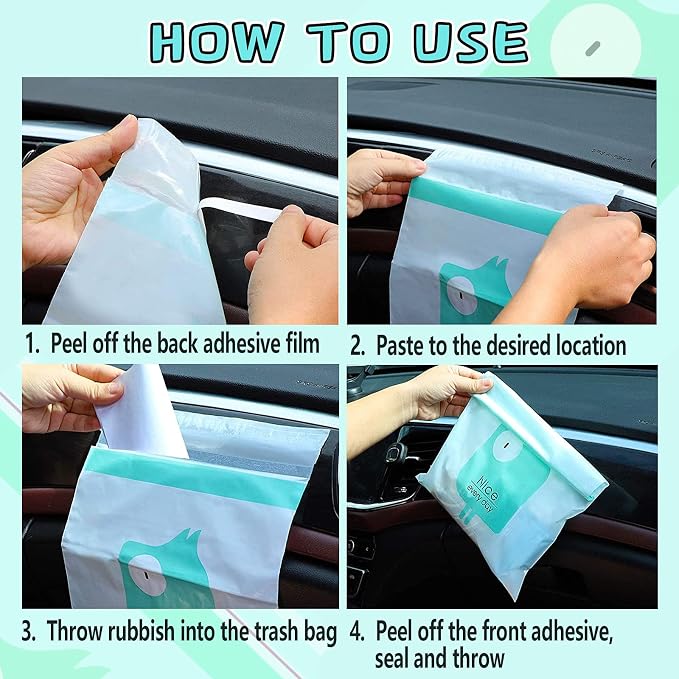 32pcs Car Trash Bags Easy Stick-On Disposable Portable Car Garbage Bags, Waterproof Leak Proof Barf Vomit Bags, Self Adhesive Cleaning Bags for Cars, Bedrooms, Bathrooms, Offices, Kitchens - Pattern A