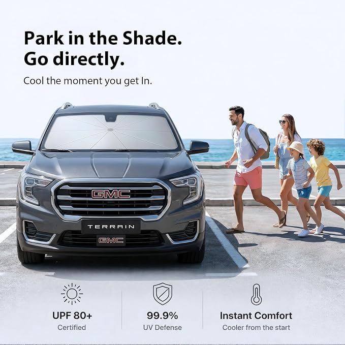 Car Windshield Sun Shade Umbrella [2026 Ice Shield] Custom Fit: GMC Terrain, Kia Seltos, Buick Envista & More Compact SUV/Sedan Car Accessories, Anti-Scratch Max Cool Interior Protector