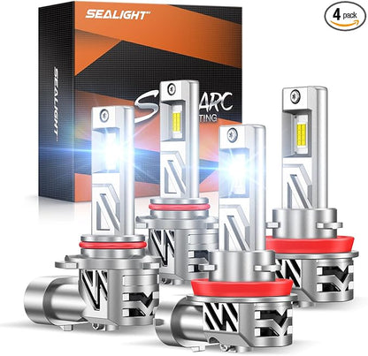 SEALIGHT 9005 h11 LED Bulbs Combo, 9X Brighter 88000LM Output, 6500K White Canbus Ready, 9005/HB3 H11/H8/H9 LED Bulbs, IP68 and 80000Hrs Lifespan, 3Mins Installation, 4 Pack