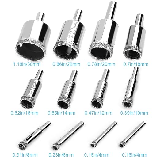 12 Pcs Diamond Drill Bits for Ceramic, Diamond Hole Saw Drill Bit Set Kit, Premium Glass Drill Bit for Bottles, Pots, Marble, Granite Stone, Tile Cutting 0.16 Inch - 1.18 Inch（4 mm - 30 mm） YLYL