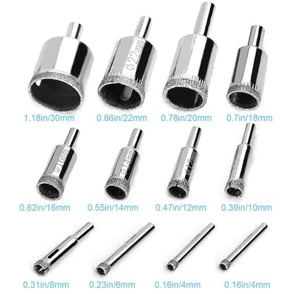 12 Pcs Diamond Drill Bits for Ceramic, Diamond Hole Saw Drill Bit Set Kit, Premium Glass Drill Bit for Bottles, Pots, Marble, Granite Stone, Tile Cutting 0.16 Inch - 1.18 Inch（4 mm - 30 mm） YLYL