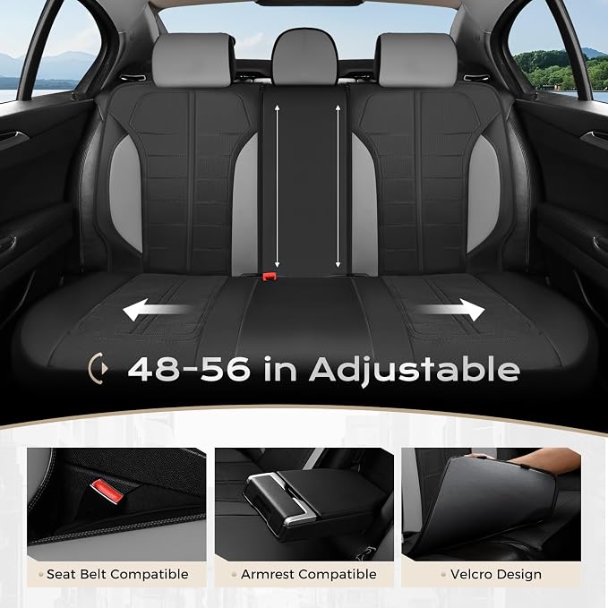 Coverado Leather and Air Mesh Seat Cover, Car Seat Cover Rear Seats, 3D Breathable Seat Protectors Sports Carbon Fiber Airbag Compatible Comfort Universal for Most Cars, Van,Trucks, SUV, Black&Grey