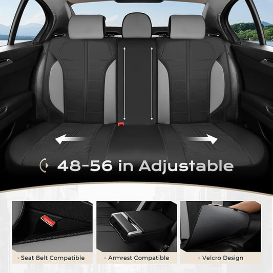 Coverado Leather and Air Mesh Seat Cover, Car Seat Cover Rear Seats, 3D Breathable Seat Protectors Sports Carbon Fiber Airbag Compatible Comfort Universal for Most Cars, Van,Trucks, SUV, Black&Grey
