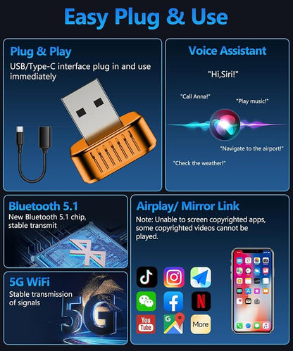 2026 4 in 1 Mini Wireless CarPlay Android Auto Adapter, Support AirPlay MirrorLink, Convert Wired to Wireless, Auto Connect for Daily Commute, Plug and Play Dongle (Orange)