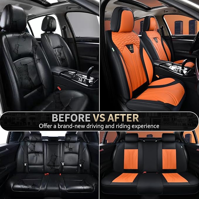 FLORICH Leather Seat Covers, Car Seat Covers Full Set, Car Seat Protectors 5 Seats, Automotive Seat Covers Driver Seat Covers Fit for Most Cars Trucks SUV-Black&Orange