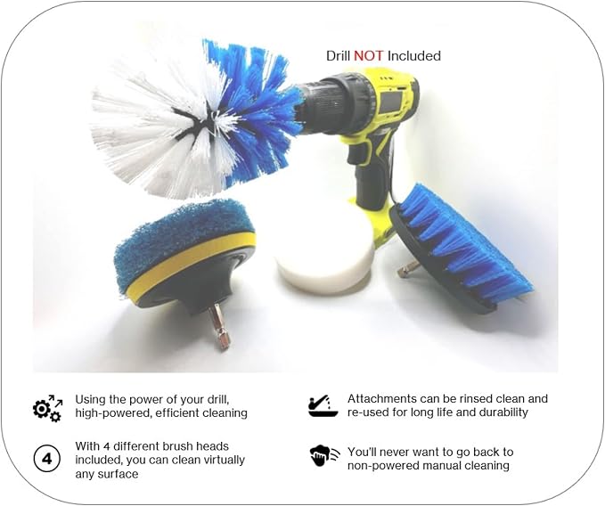 4 Piece Drill Brush Attachment Set, Scrubbing Pad and Sponge - Power Brush Scrubber Deep Cleaning Kit for Bathroom Kitchen Boat Car Grout Floor Tub Shower Tile Surfaces