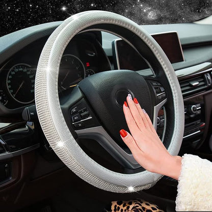 New Diamond Leather Steering Wheel Cover with Bling Bling Crystal Rhinestones, Universal Fit 15 Inch Car Wheel Protector for Women Girls Silver