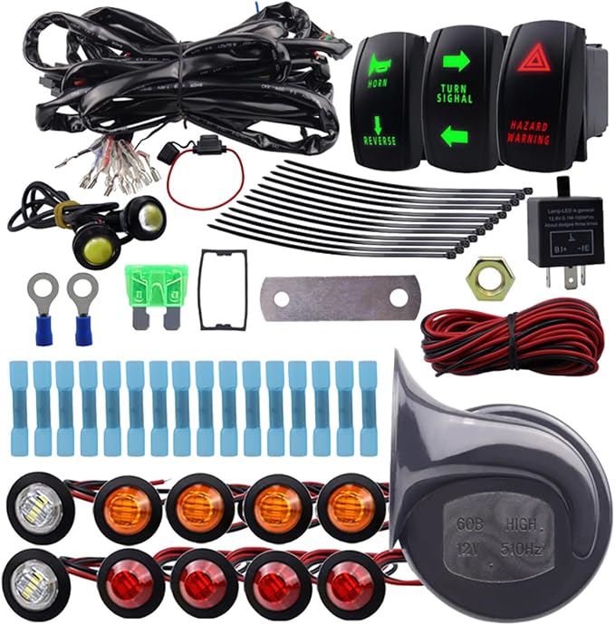 UTV ATV SXS Street Legal Kit with RockerTurn Light Horn Hazard Switch Flasher RelayFuse Line LED Lights Horn & Reverse Switch for Atv Utv Red Wire Harness Instruction Manual Light