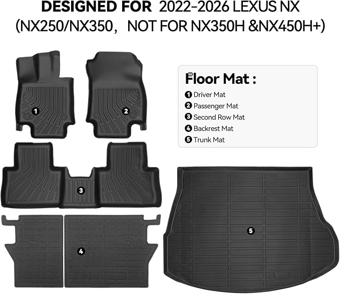 Floor Mats for 2022-2026 Lexus NX (NX250/NX350, Not for NX350h &NX450h+), Trunk Mat and Backrest Mat All Weather TPE Protector for Lexus NX Accessories
