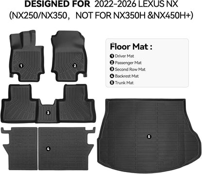 Floor Mats for 2022-2026 Lexus NX (NX250/NX350, Not for NX350h &NX450h+), Trunk Mat and Backrest Mat All Weather TPE Protector for Lexus NX Accessories