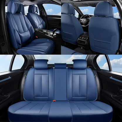 Coverado Seat Covers Full Set, 5 Seats Seat Covers for Cars, Waterproof Nappa Leather Car Seat Covers with Head Pillow, Seat Protectors Car Seat Cushion Universal Fit for Most Cars (Blue)