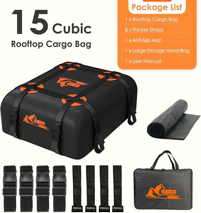 Car Rooftop Cargo Carrier Bag 15 Cubic Feet, 100% Waterproof Heavy Duty Car Roof Bag for All Vehicle with/Without Racks - Anti-Slip Mat, 4 Door Hooks, Storage Bags, 4PCS 3.8CM Straps(Orange)