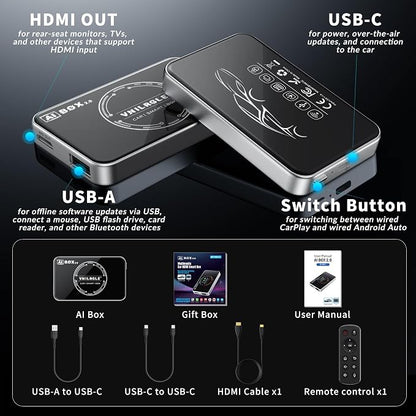 VNILRGLE 4-in-1 Wireless CarPlay Adapter & Android Car Wireless Adapter, Compatible with Streaming Services Like Netflix and YouTube, Split-Screen and Mirroring Functions(Silver)