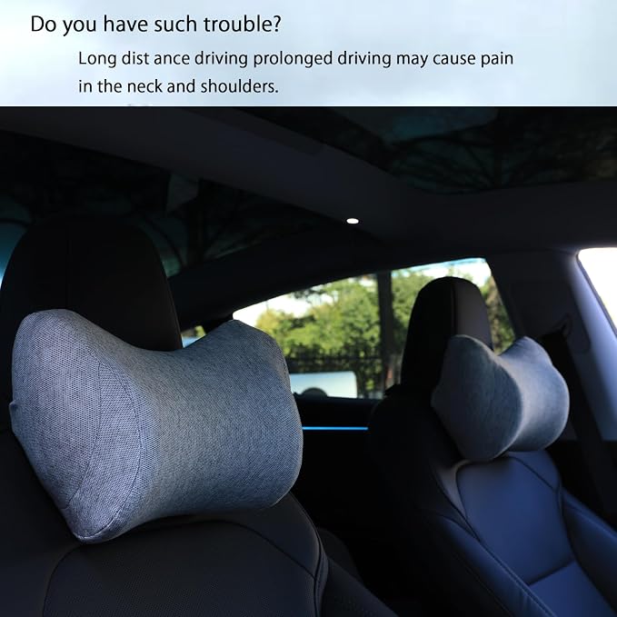 Car Neck Pillow, Car Headrest Pillow with Adjustable Strap for Neck Pain Relief 100% Memory Foam,Ergonomic Design，2 Pack