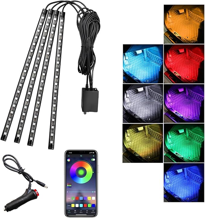Car Led Interior Lights, RGB 72 LED Multicolor Auto Strip Light with Sound Active Function and APP Control, Under Dash Smart Lighting Kit with Charger, Car Accessories (Cigarette Lighter)