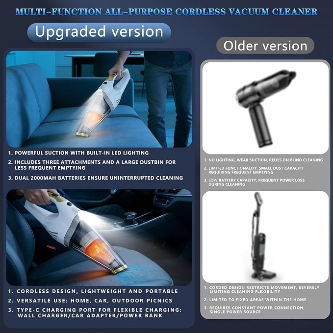 Handheld Vacuum Cordless, Dust Busters Cordless Rechargeable Car Vacuum with LED Light, Strong Suction with Filters, Portable Vacuum Cleaner for Car, Handheld Vacuum for Pet Hair/Home/Office