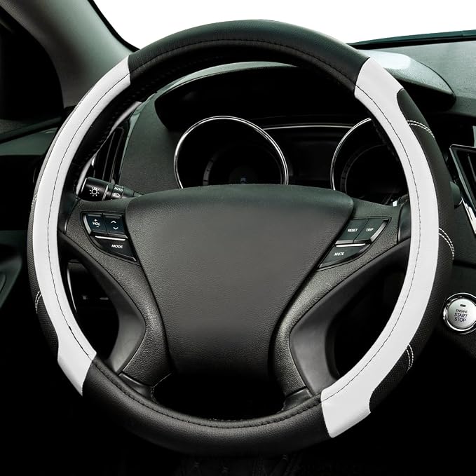 CAR PASS Line Rider Microfiber Leather Sporty Steering Wheel Cover Universal Fits for 95% Truck,SUV,Cars,14.5-15inch Anti-Slip Safety Comfortable Desgin (Black-White)