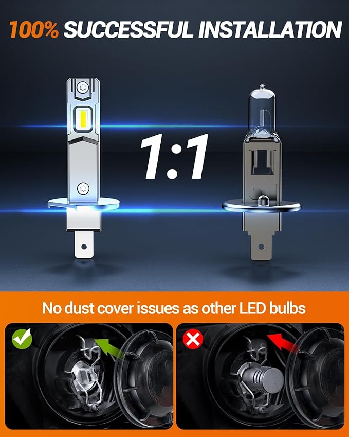SEALIGHT H1 Light Bulbs 40000LM 6500K Cool White 1:1 Design 70000+ Lifespan, 3 Mins Installation, Headlight Eyebrows, Pack of 2