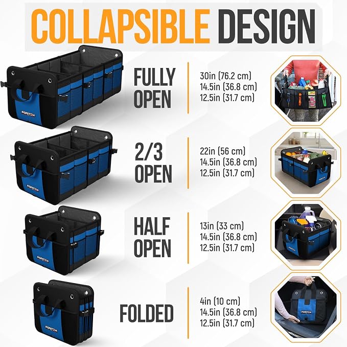 FORTEM Trunk Organizer For SUV Car Organizer and Storage, Multi-Compartment Storage Bag Car Accessories for Women Men, Perfect Christmas Gifts, 1680D Oxford, Non Slip Bottom, Straps, Soft Cover (90L)