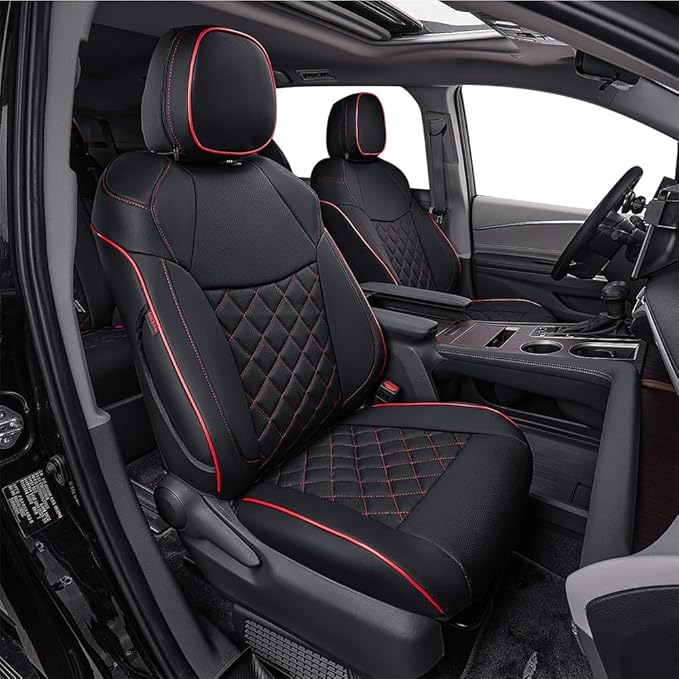 EKR Sienna Seat Covers for 2021-2026 Toyota Sienna Limited,Platinum,2nd Row Captain Chairs with Legrest 7 Seats,Automotive Seat Covers,Car Seat Cover Full Set,Leather (Black with Red Piping)