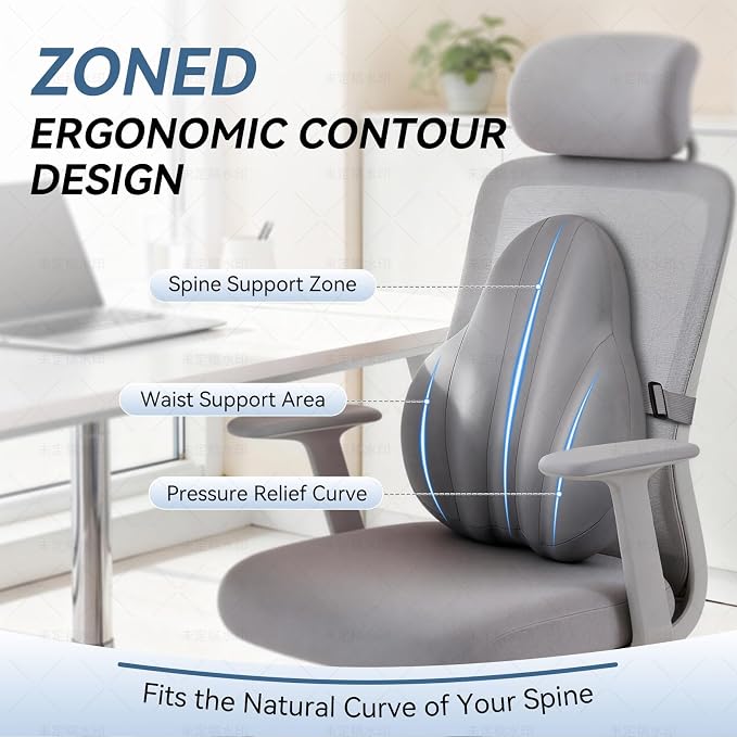 Large Lumbar Support Pillow for Office Chair, Ergonomic Low Back Support Promotes Back Pain Relief, Memory Foam Lumbar Pillow Cushion for Car, Sofa, Adjustable Strap Breathable Cover, Grey
