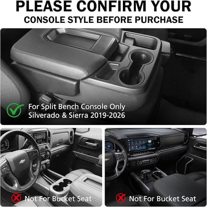 Center Console Hanging Organizer for 2019–2025 Silverado/Sierra 1500 & 2020–2025 Silverado/Sierra 2500HD 3500HD, Split Bench Seat Side Storage Box, Heavy Duty ABS