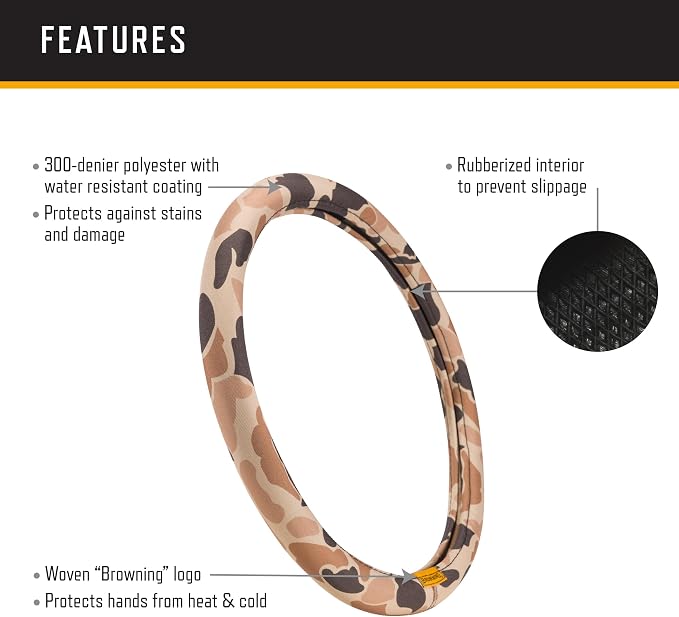 Browning Universal Fit Steering Wheel Cover for Car, Truck, and SUV, Durable Steering Wheel Protection, Arms Co. (Tan Duck Camo SIOC)