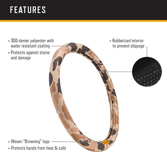 Browning Universal Fit Steering Wheel Cover for Car, Truck, and SUV, Durable Steering Wheel Protection, Arms Co. (Tan Duck Camo SIOC)