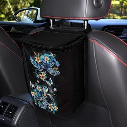 Talayituse Turtle Plumeria Print Car Trash Bin, Large Size Auto Trash Can Adjustable Portable Garbage Can with Lid, Vehicle Hanging Bag for Headrest Front Back Seat