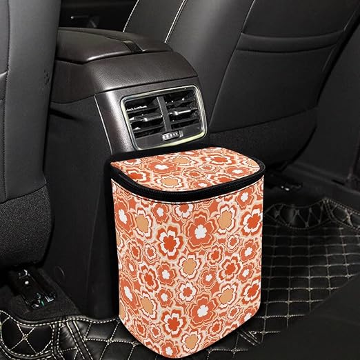 Groovy Orange Sunflower 70S 80S Abstract Print Car Accessories Trash Can for Women Auto Interior Decorations Multipurpose Garbage Can with Lid and Zipper Portable Trash Bin Organizer