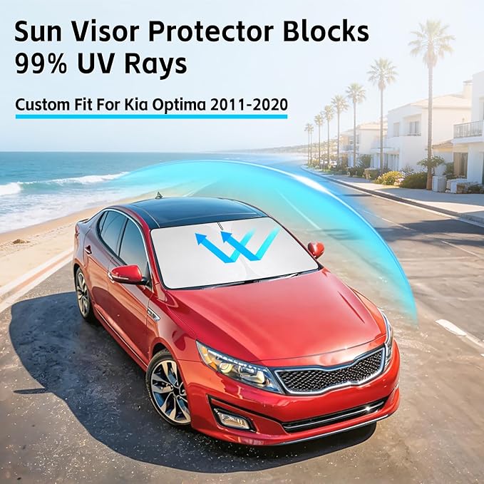 Windshield Sun Shade for Kia Optima 2011-2020 Sunshade 300T Windshield Cover Blocks UV Rays Custom Fit Optima Front Window Shades Windshield Accessories Keep Cool Foldable
