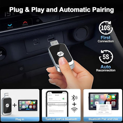 Wireless Carplay Adapter for Apple, Converts Wired to Wireless CarPlay, Plug & Play Carplay Wireless Adapter for iPhone 9 Above,Stable Fast Connection Low Latency Fits 2014 Onwards Cars