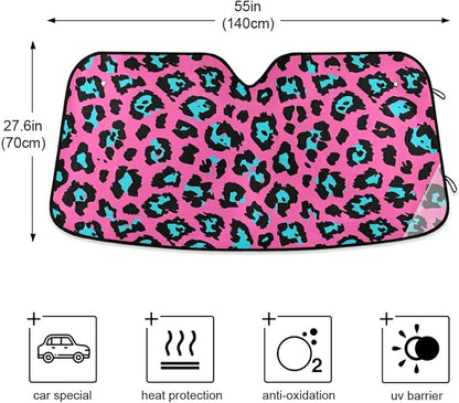 Pink Leopard Cheetah Skin Windshield Sun Shade Blocks UV Rays Visor Protector Accordion Folding Sun Reflector Auto Sunshade for Car Truck SUV to Keep Your Vehicle Cool
