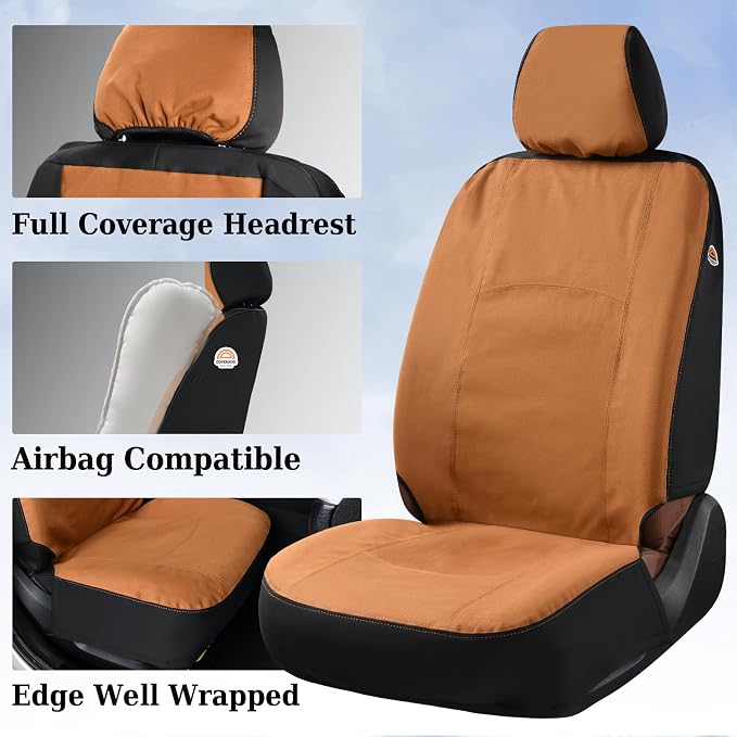 Coverado Car Seat Covers Front, Canvas Universal Seat Covers for Cars, 2-Pack Car Seat Cushions, Auto Seats Protectors for Kids & Dogs, Driver Seat Covers Fit for Most Vehicles Trucks SUVs/Khaki