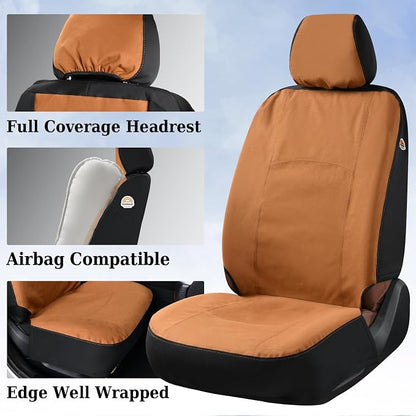Coverado Car Seat Covers Front, Canvas Universal Seat Covers for Cars, 2-Pack Car Seat Cushions, Auto Seats Protectors for Kids & Dogs, Driver Seat Covers Fit for Most Vehicles Trucks SUVs/Khaki