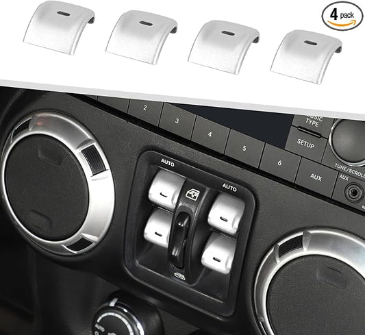 Jimen for JK Window Button Covers, 4PCS Center Console Window Switch Cover Interior Trim Kits Compatible with Jeep Wrangler JK & Unlimited 2012-2018, Aluminum Alloy (Silver)