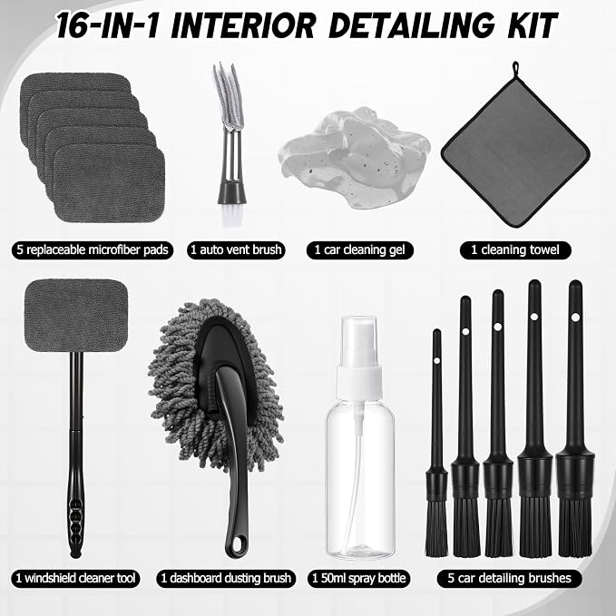16 Pcs Windshield Cleaner Tool, Car Cleaning Kit with Various Detailing Brushes Set Spray Bottle Cleaner Towel Cleaning Gel Accessories Car Interior Detailing Kit for Windows Vents(Gray)