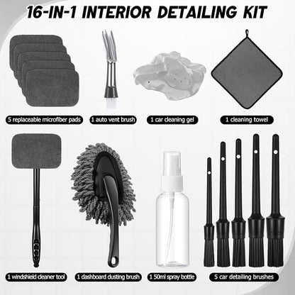 16 Pcs Windshield Cleaner Tool, Car Cleaning Kit with Various Detailing Brushes Set Spray Bottle Cleaner Towel Cleaning Gel Accessories Car Interior Detailing Kit for Windows Vents(Gray)