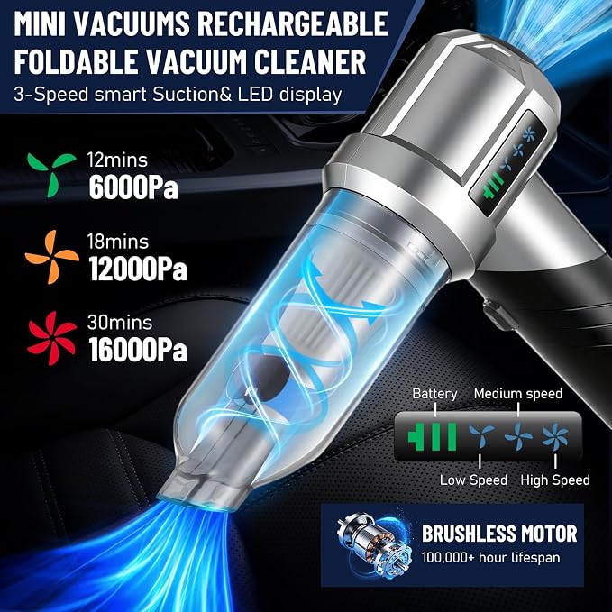 HONEYEYEAR Handheld Vacuum Cleaner, 16000Pa Car Vacuum Cleaner Cordless, 4-in-1 Powerful Car Hoover, 80000 RPM Brushless Motor, 30 Min Runtime, 3 Speed, USB-C Charging, for Home Pet Hair Cleaning